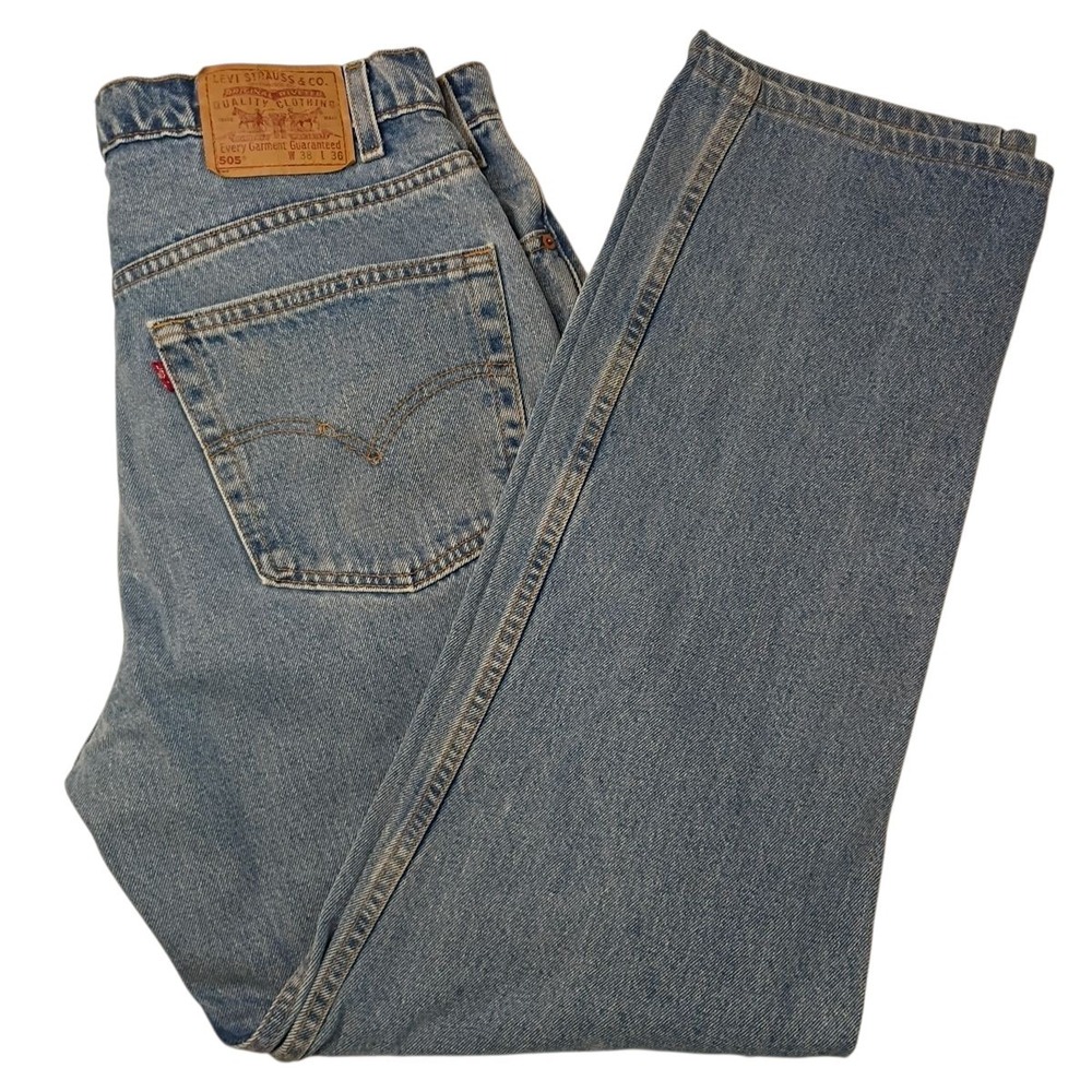 Vtg 91 Levis 505 Regular Fit Straight 38x36 (36x32) Denim Blue Jeans Zip Fly USA